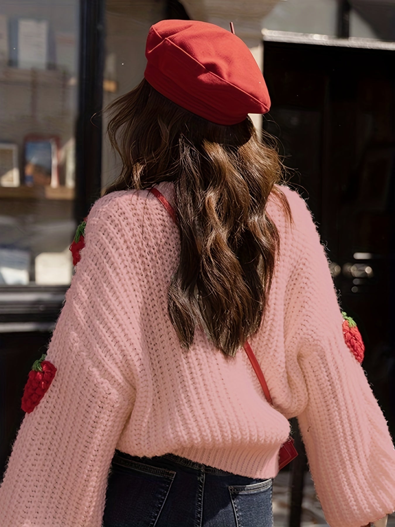 Sixsr Women's Strawberry Print Crew Neck Crochet Knit Tops, Cute Fall Winter Pullover Sweaters, Women's Clothing