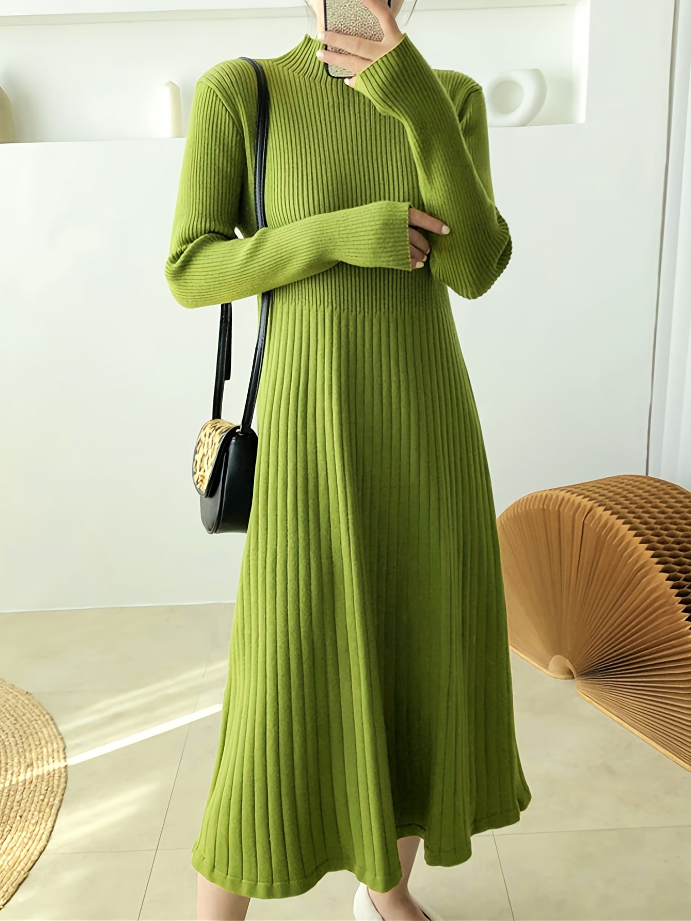 Sixsr Solid Ribbed Midi Dress, Elegant Mock Neck Long Sleeve Dress, Women's Clothing