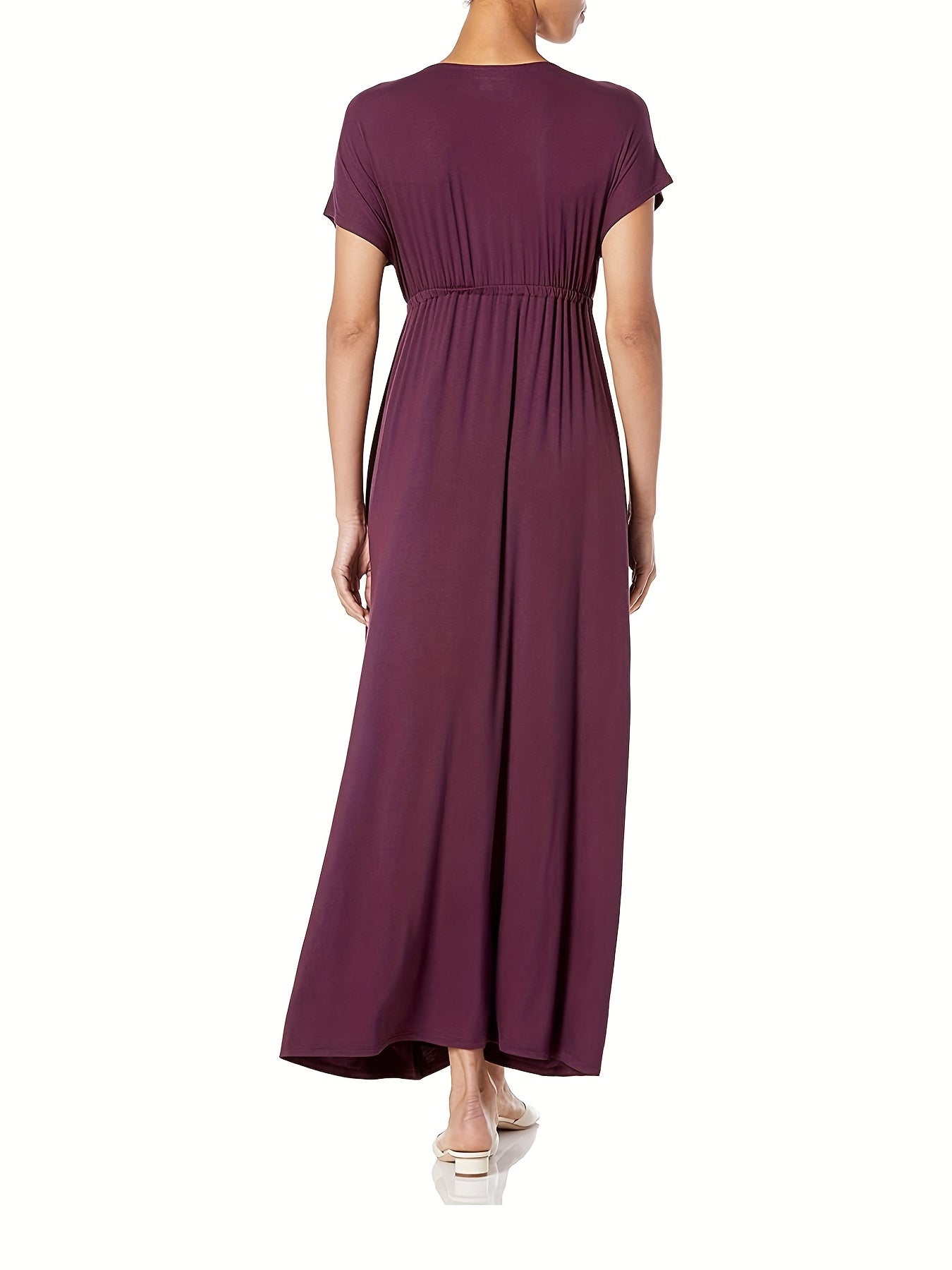Sixsr Plus Size Casual Dress, Women's Plus Solid Bat Sleeve Surplice Neck Nipped Waist Ruched Medium Stretch Maxi Dress