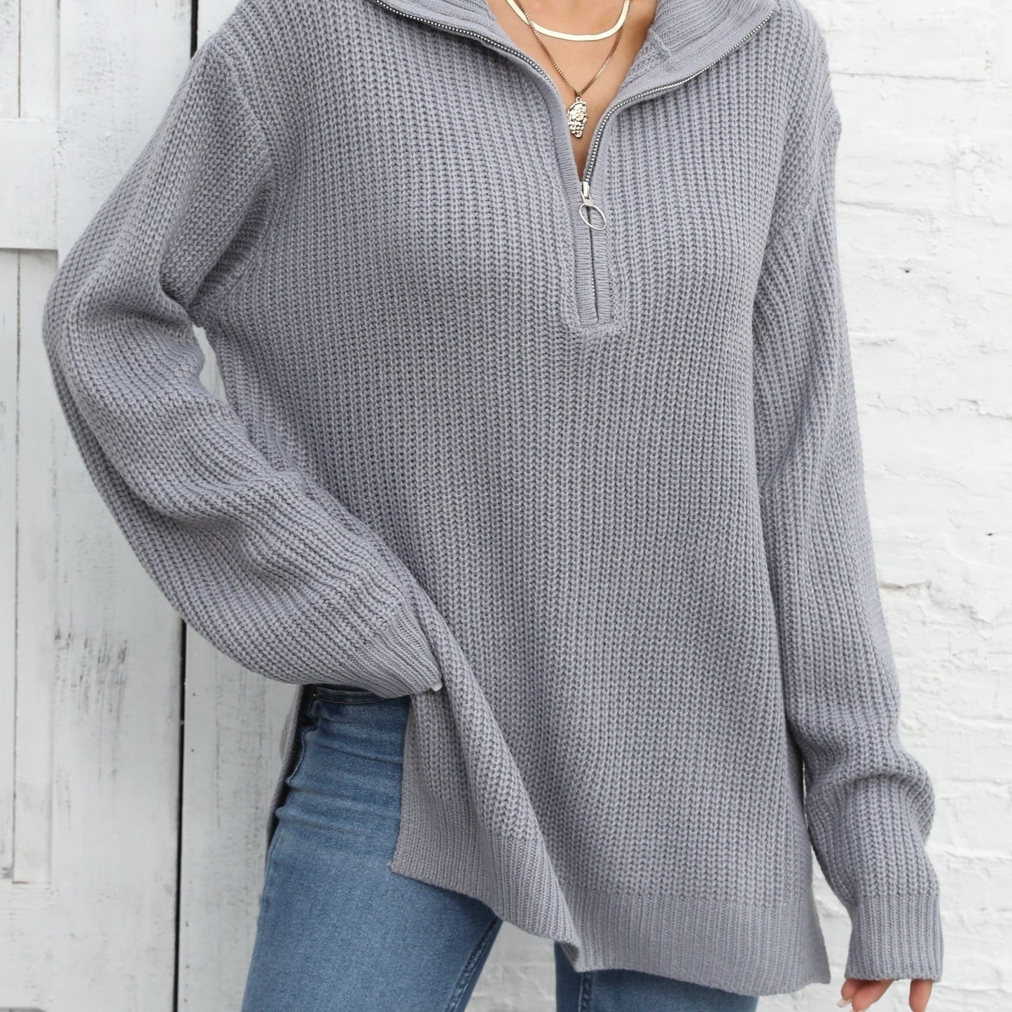 Sixsr Long Sleeve Half Zip Sweater, Side Slit Casual Sweater For Winter & Fall, Women's Clothing