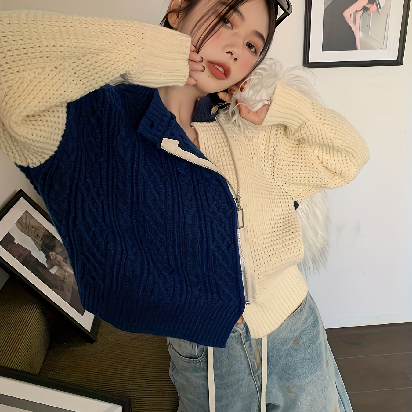 Sixsr Color Block Zip Up Knit Cardigan, Casual Long Sleeve Stylish Sweater, Women's Clothing