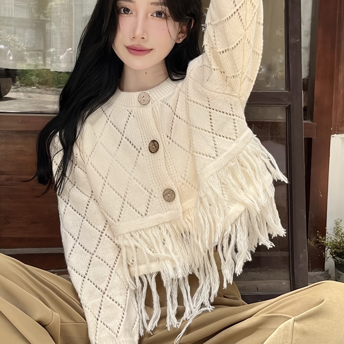 Sixsr Tassel Hem Pointelle Knit Cardigan, Preppy Long Sleeve Cardigan For Fall & Winter, Women's Clothing