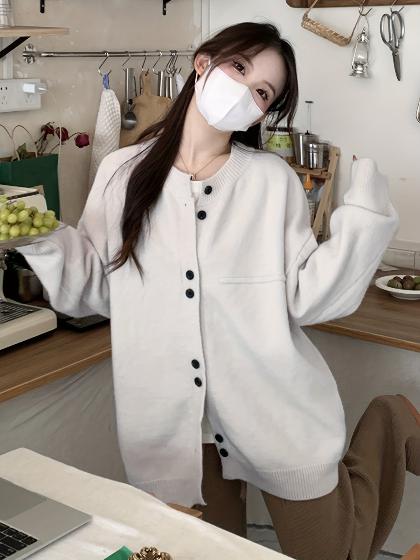 Sixsr Solid Button Up Knit Cardigan, Casual Crew Neck Long Sleeve Loose Sweater, Women's Clothing
