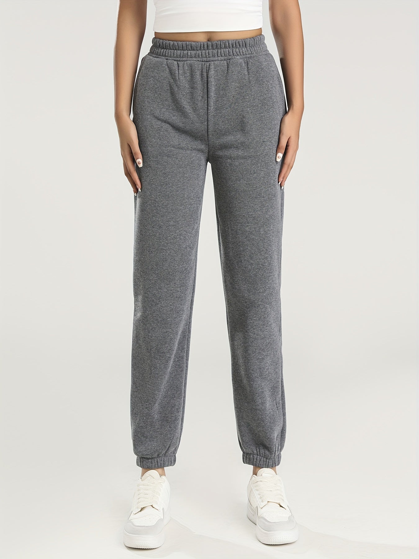 Sixsr 3pcs Elastic Waist Solid Color Casual Pants, Loose Warm Sweatpants With Pocket, Women's Activewear