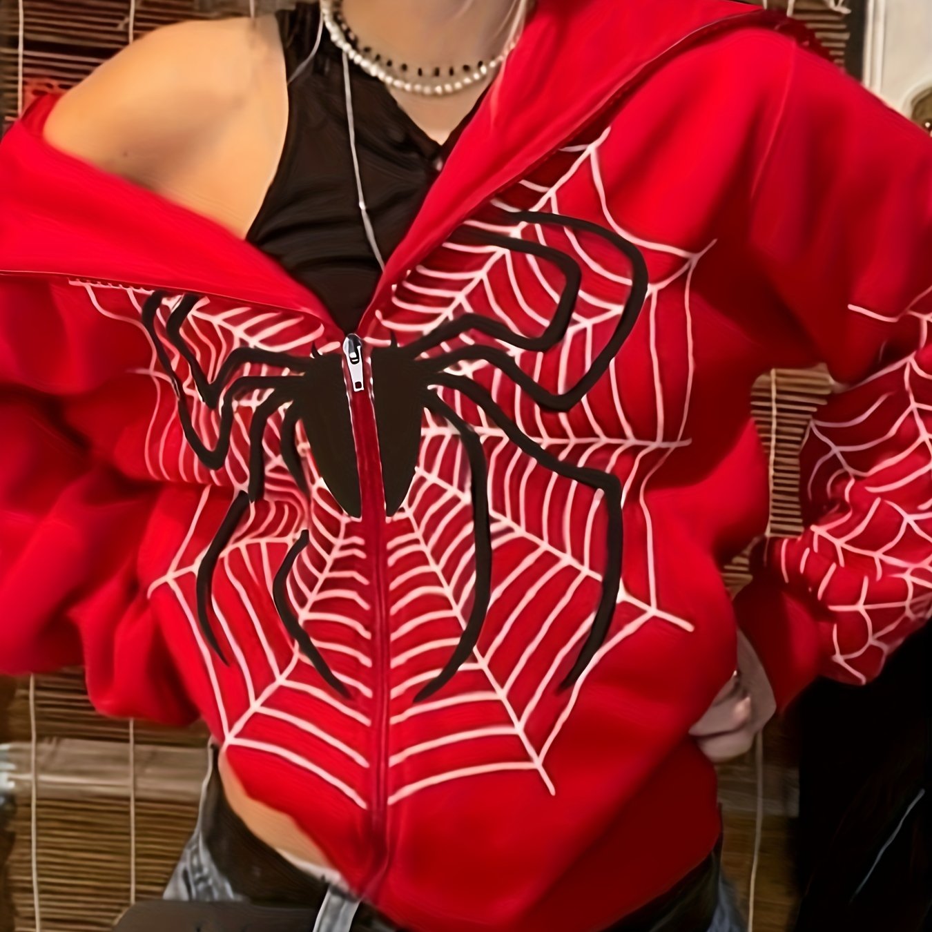 Sixsr Y2K Spider Print Zip Up Hoodie, Long Sleeve Hoodies Sweatshirt, Women's Clothing