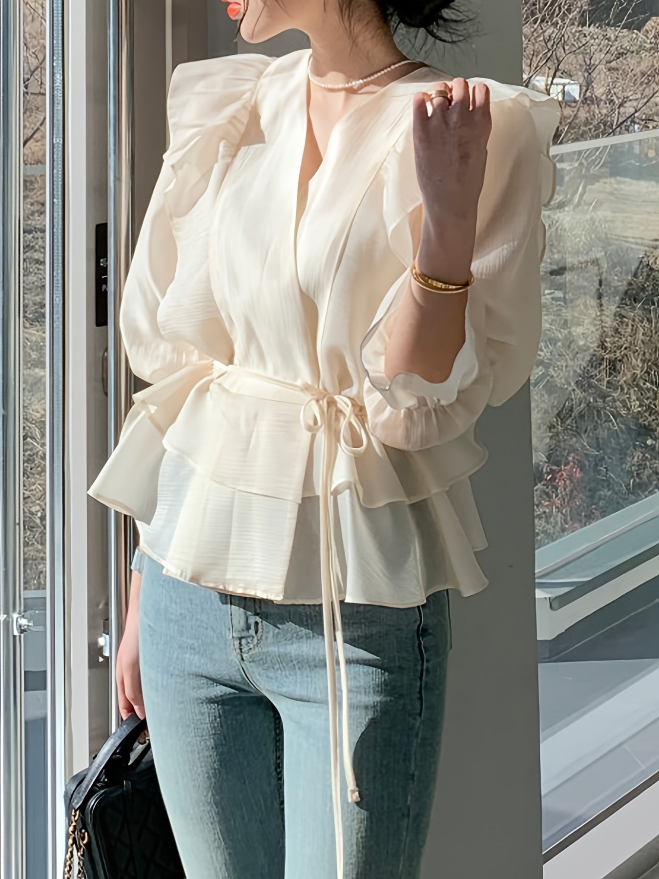 Sixsr Ruffle Trim V Neck Tiered Blouse, Chic Lantern Sleeve Tied Blouse For Spring & Fall, Women's Clothing