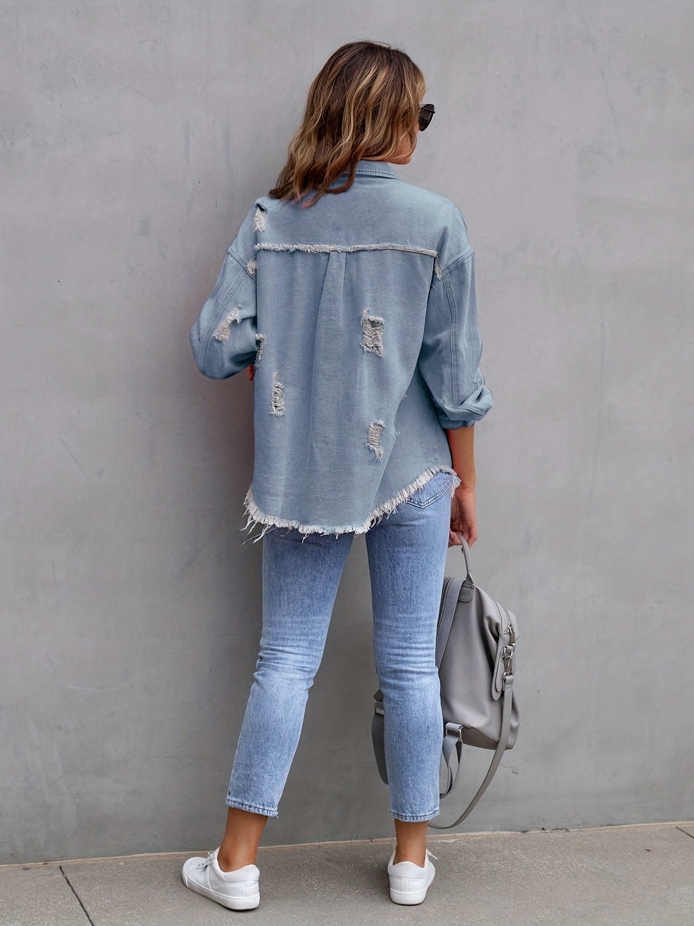Sixsr Plain Ripped Holes Denim Jackets, Long Sleeves Frayed Hem Casual Lapel Denim Coats, Women's Denim Clothing