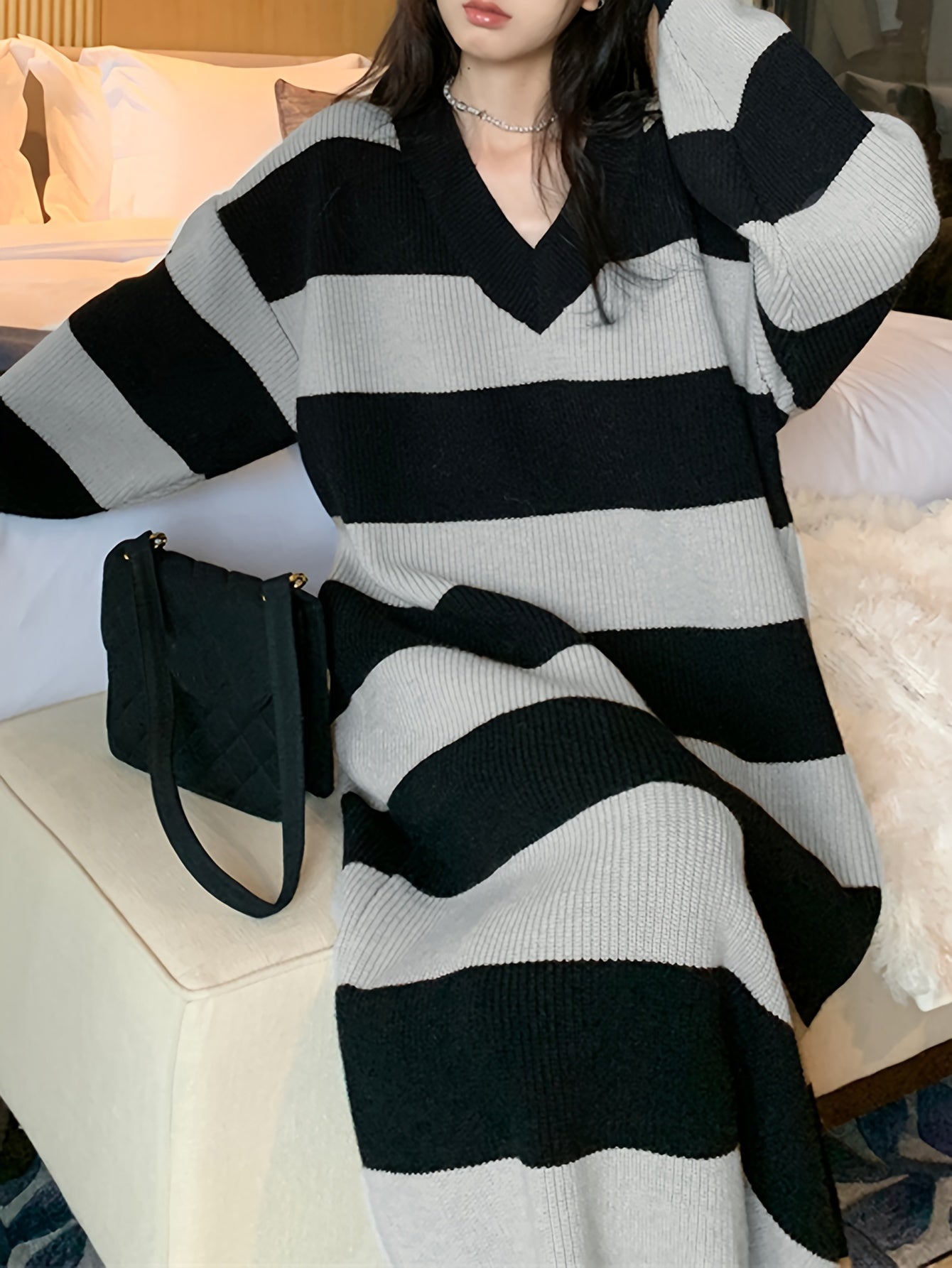 Sixsr Striped Drop Shoulder Sweater Dress, Casual V Neck Long Sleeve Maxi Dress, Women's Clothing