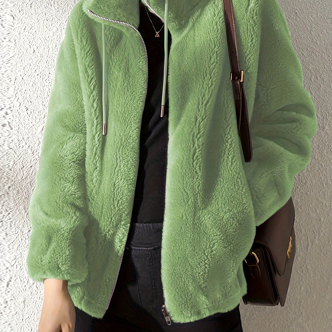 Sixsr Drawstring Teddy Coat, Casual Zip Up Long Sleeve Warm Outerwear, Women's Clothing