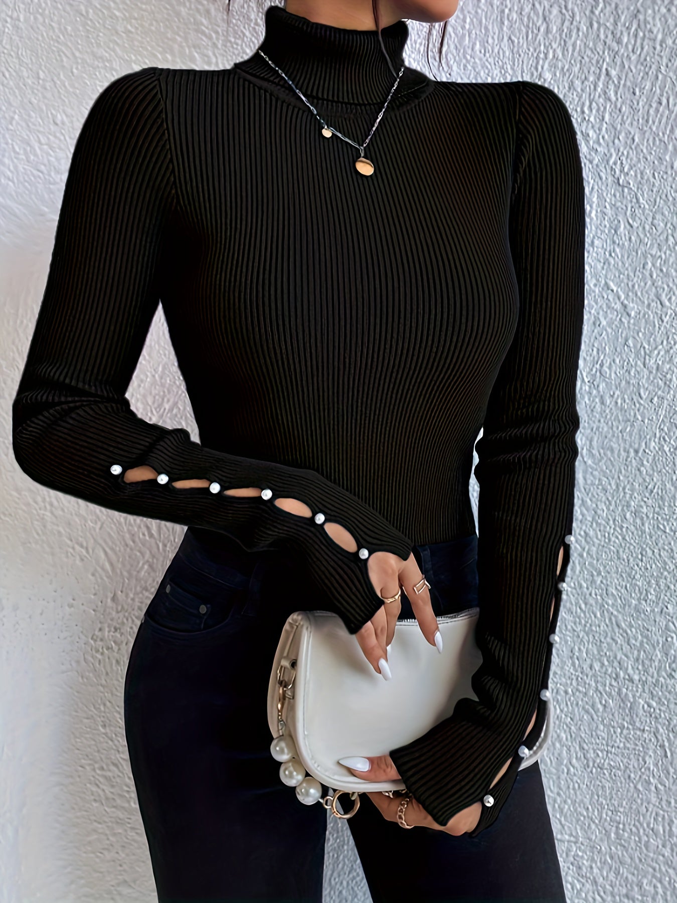 Sixsr Beaded Cut Out Turtle Neck Pullover Sweater, Elegant Long Sleeve Slim Rib Knit Sweater, Women's Clothing