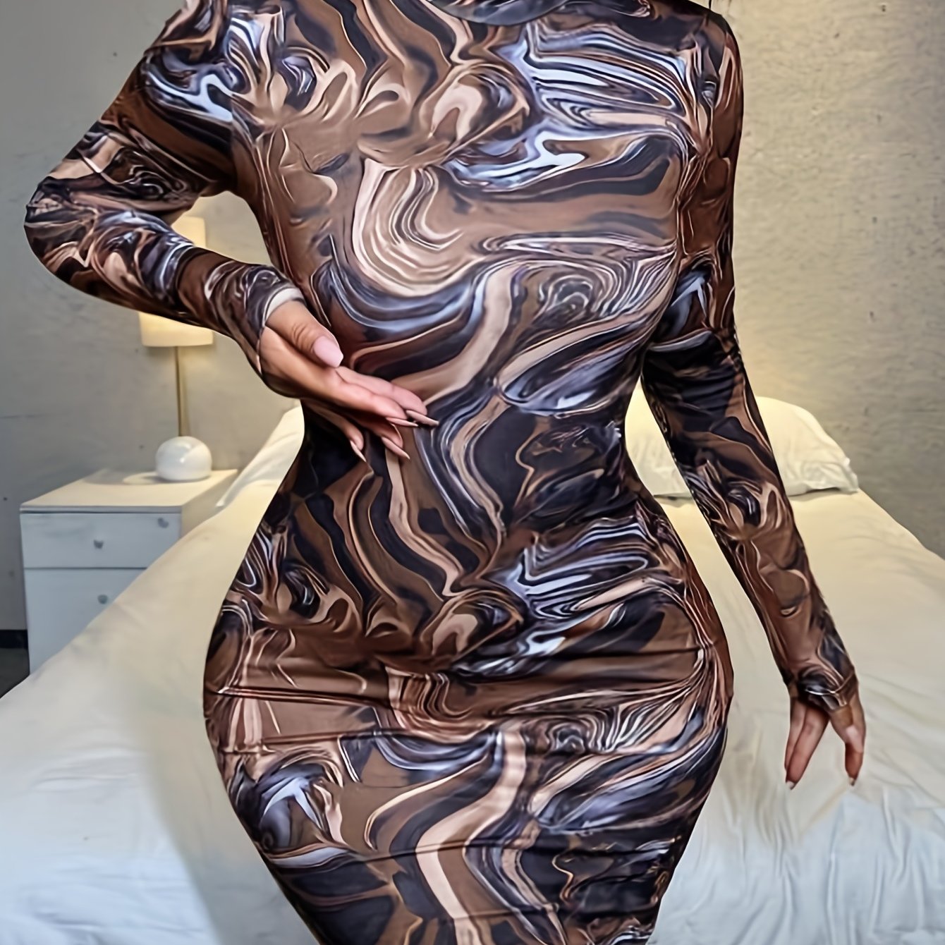 Sixsr Abstract Ripple Print Dress, Sexy Mock Neck Long Sleeve Bodycon Dress, Women's Clothing