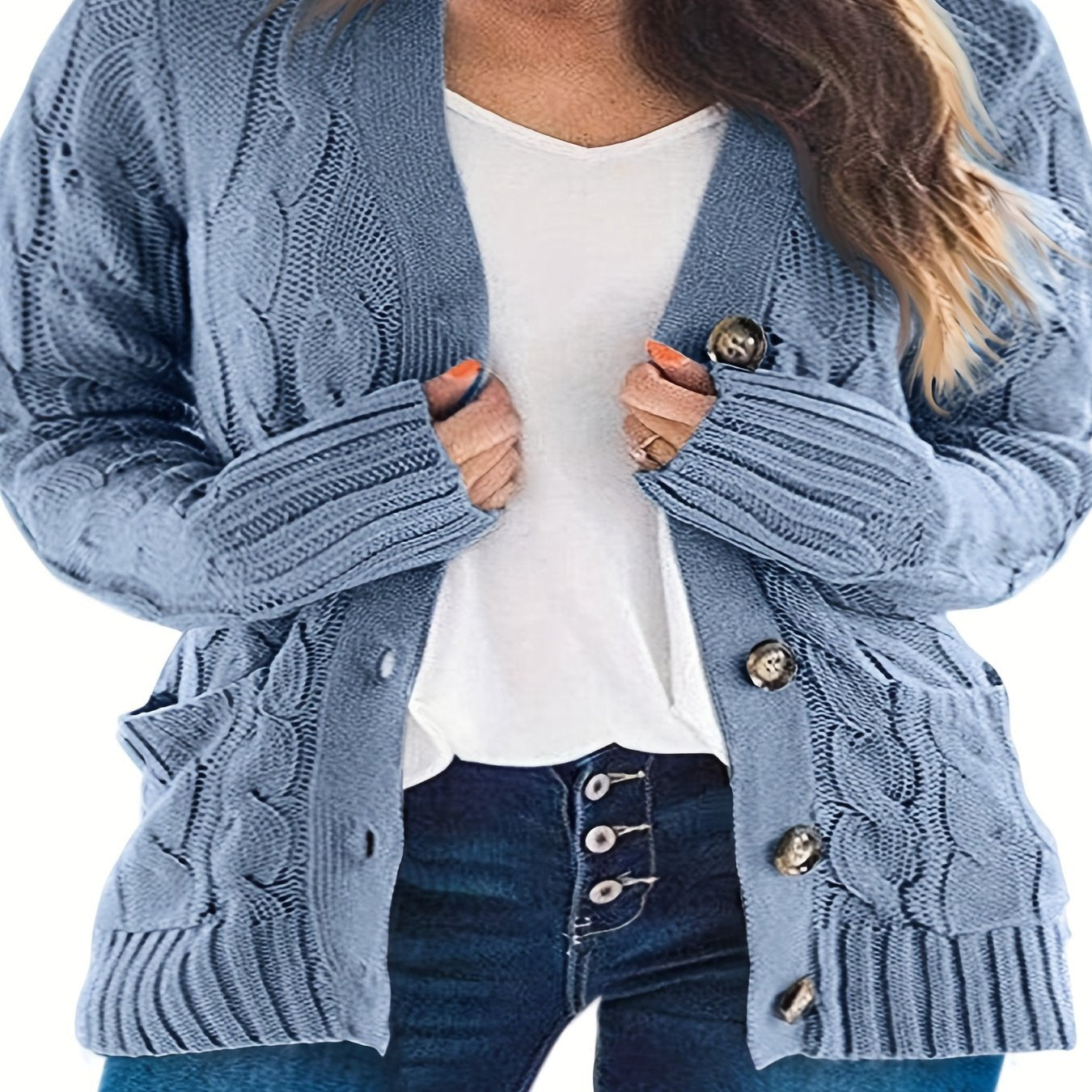 Sixsr Plus Size Casual Sweater, Women's Plus Solid Cable Button Up Long Sleeve Slight Stretch Cardigan With Pockets