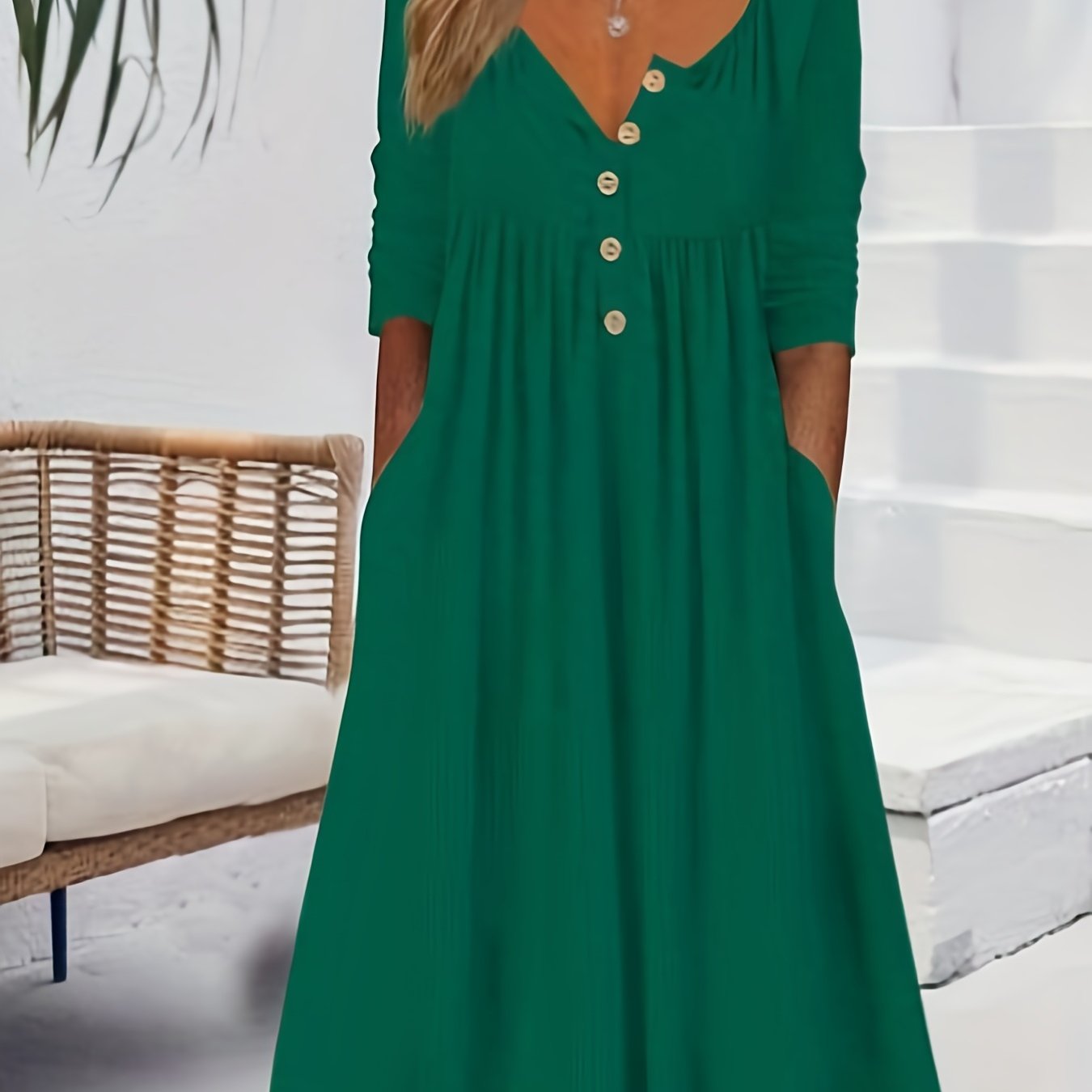 Sixsr Dual Pockets Button Dress, Casual Crew Neck Long Sleeve Dress, Women's Clothing