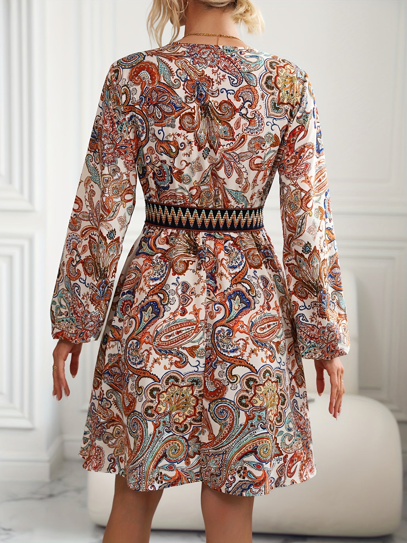 Sixsr Boho Print V Neck Dress, Casual Long Sleeve Dress For Spring, Women's Clothing