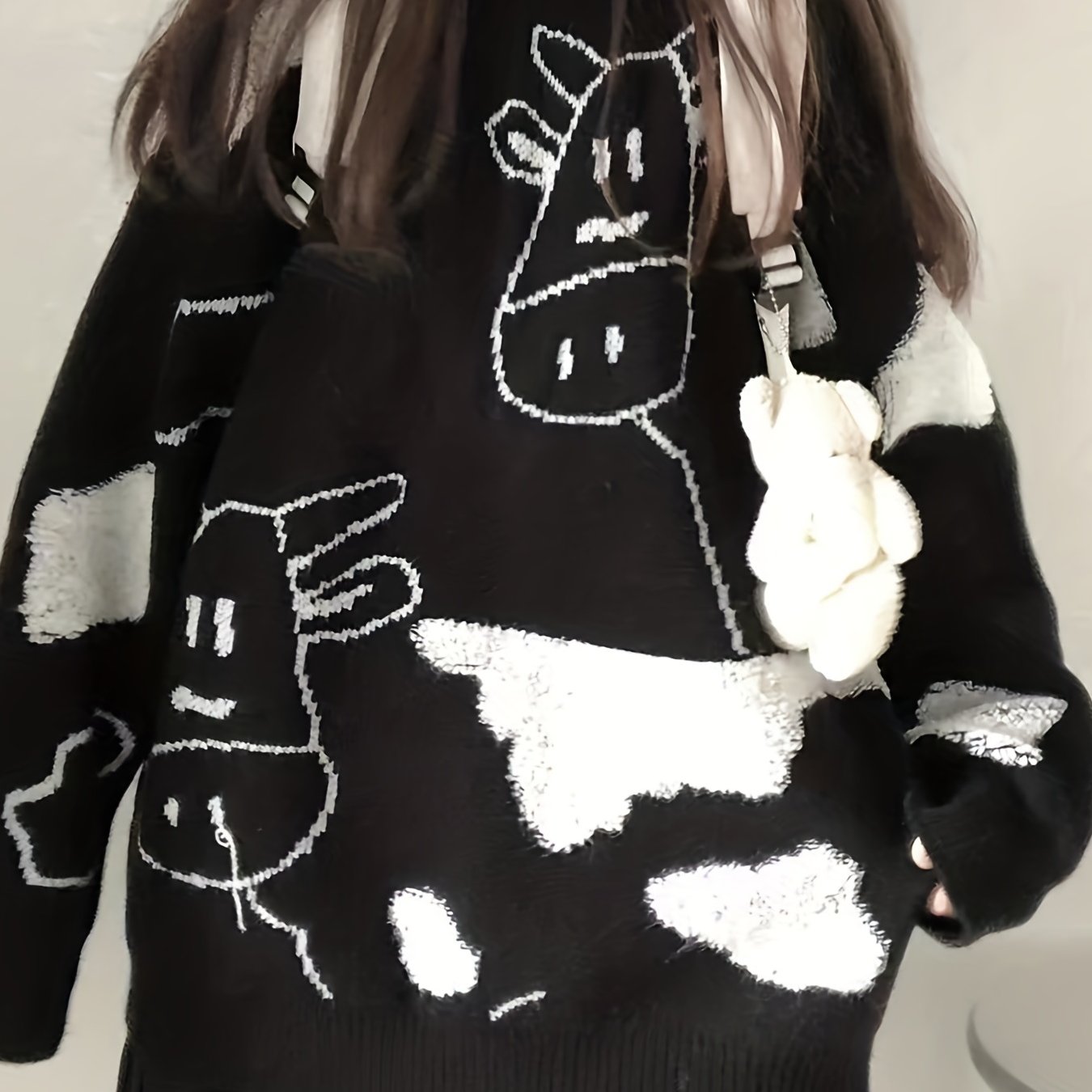 Sixsr Cute Cow Pattern Pullover Sweater, Preppy Long Sleeve Oversized Sweater, Women's Clothing
