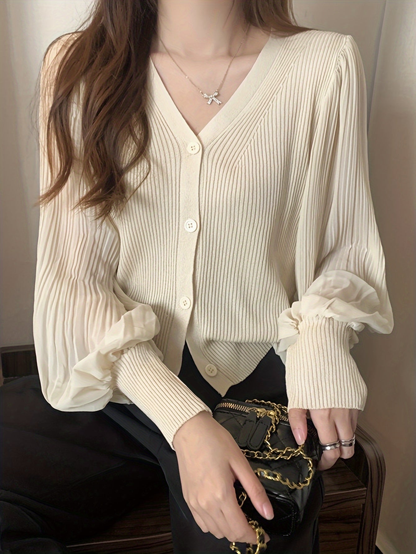 Sixsr Solid Button Down Knit Cardigan, Elegant Pleated Lantern Sleeve Top For Spring & Fall, Women's Clothing