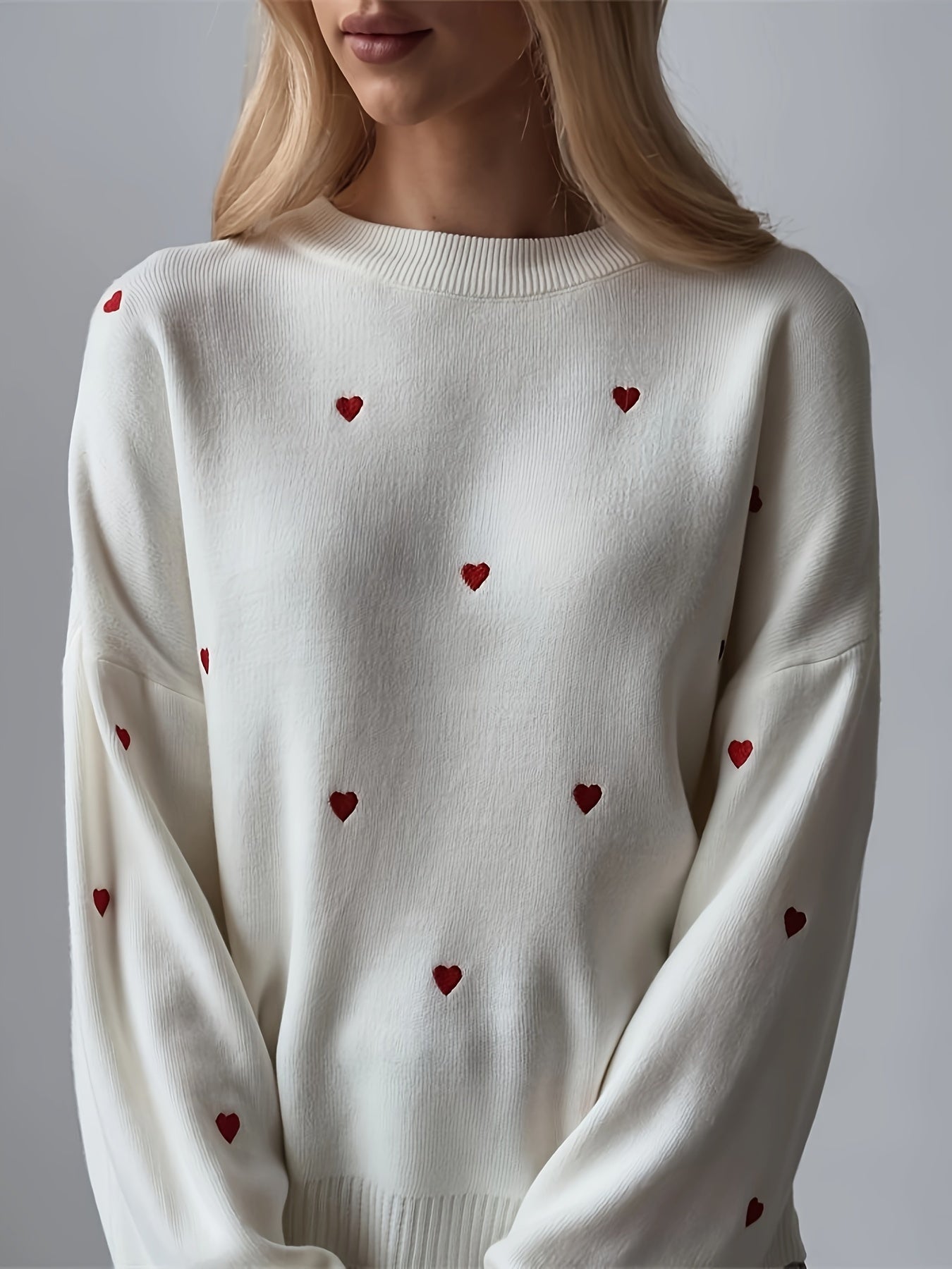 Sixsr Heart Pattern Crew Neck Knit Sweater, Casual Long Sleeve Pullover Sweater, Women's Clothing