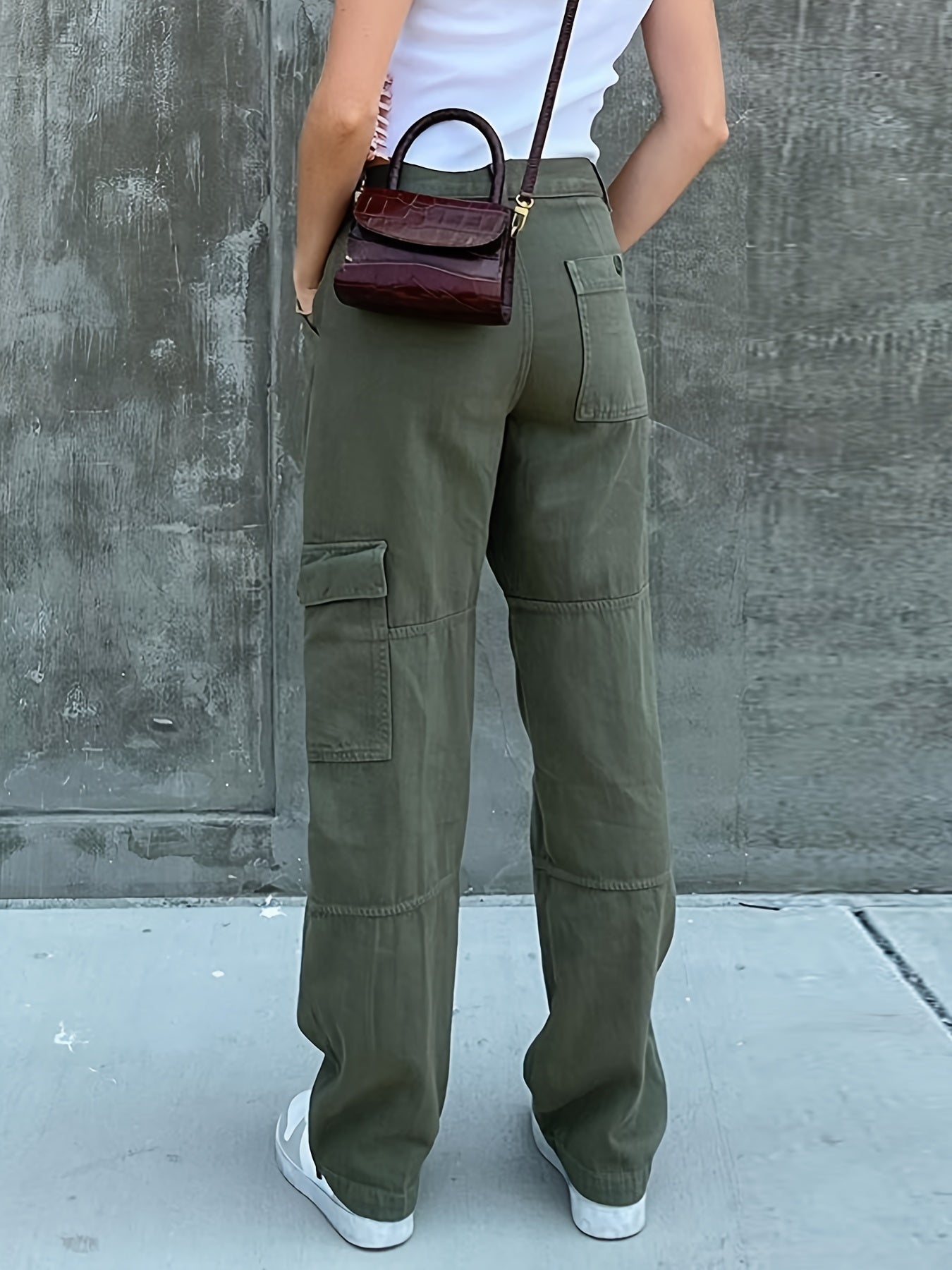 Sixsr Green Loose Fit Straight Jeans, Flap Muti-Pockets Wide Legs Non-Stretch Denim Pants, Women's Denim Jeans & Clothing