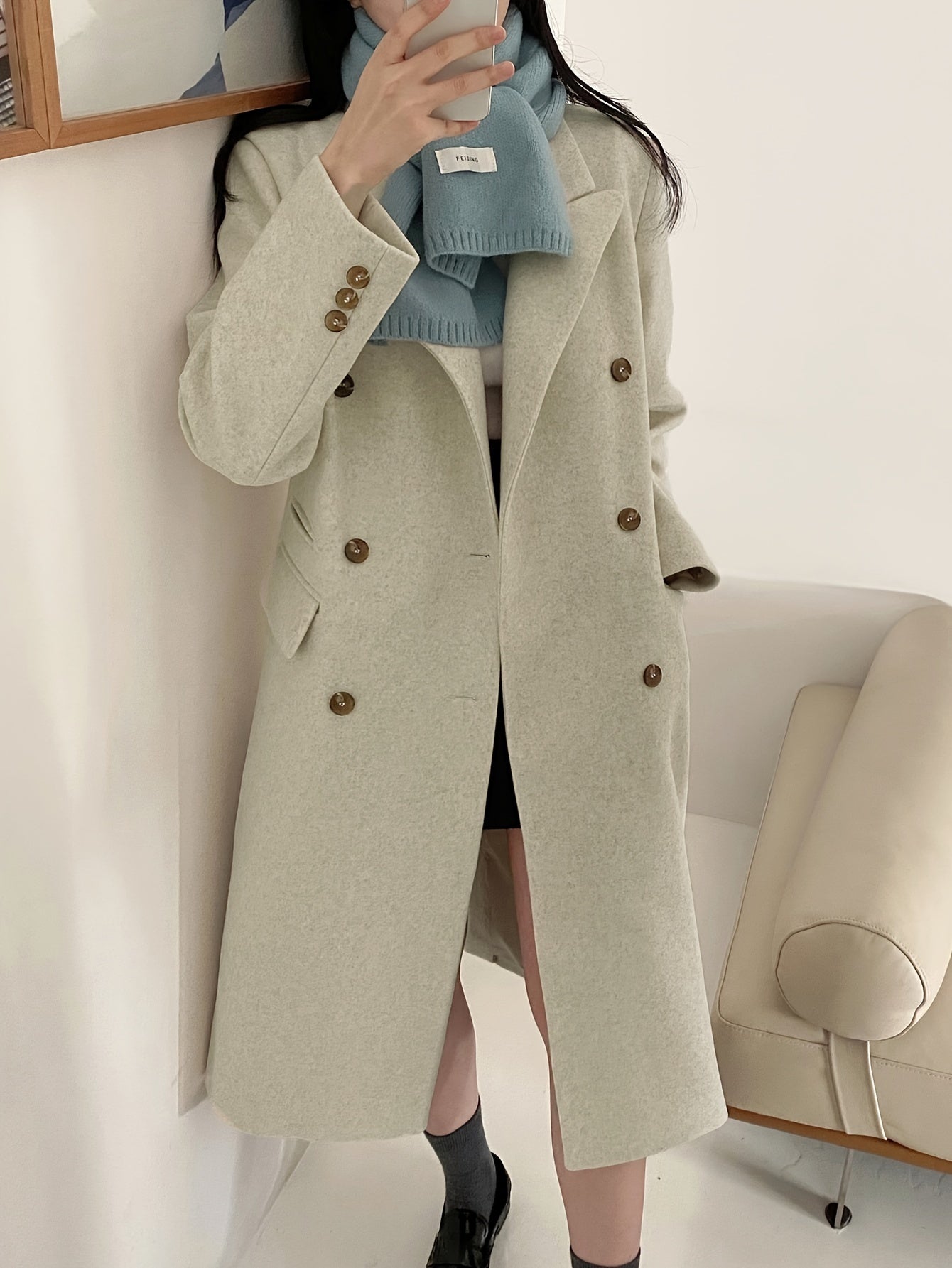 Sixsr Solid Color Double-breasted Coat, Casual Long Sleeve Lapel Coat For Fall & Winter, Women's Clothing