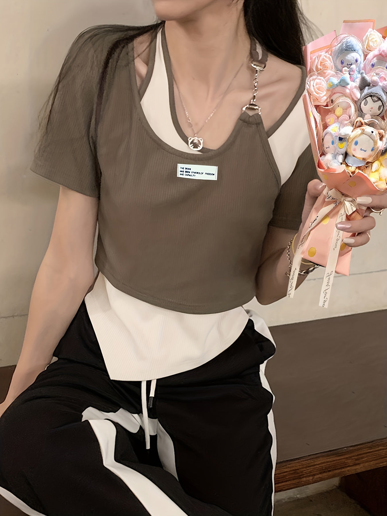 Sixsr Asymmetrical Fake Two-piece T-shirt, Sexy Chain Crew Neck Short Sleeve T-shirt, Women's Clothing
