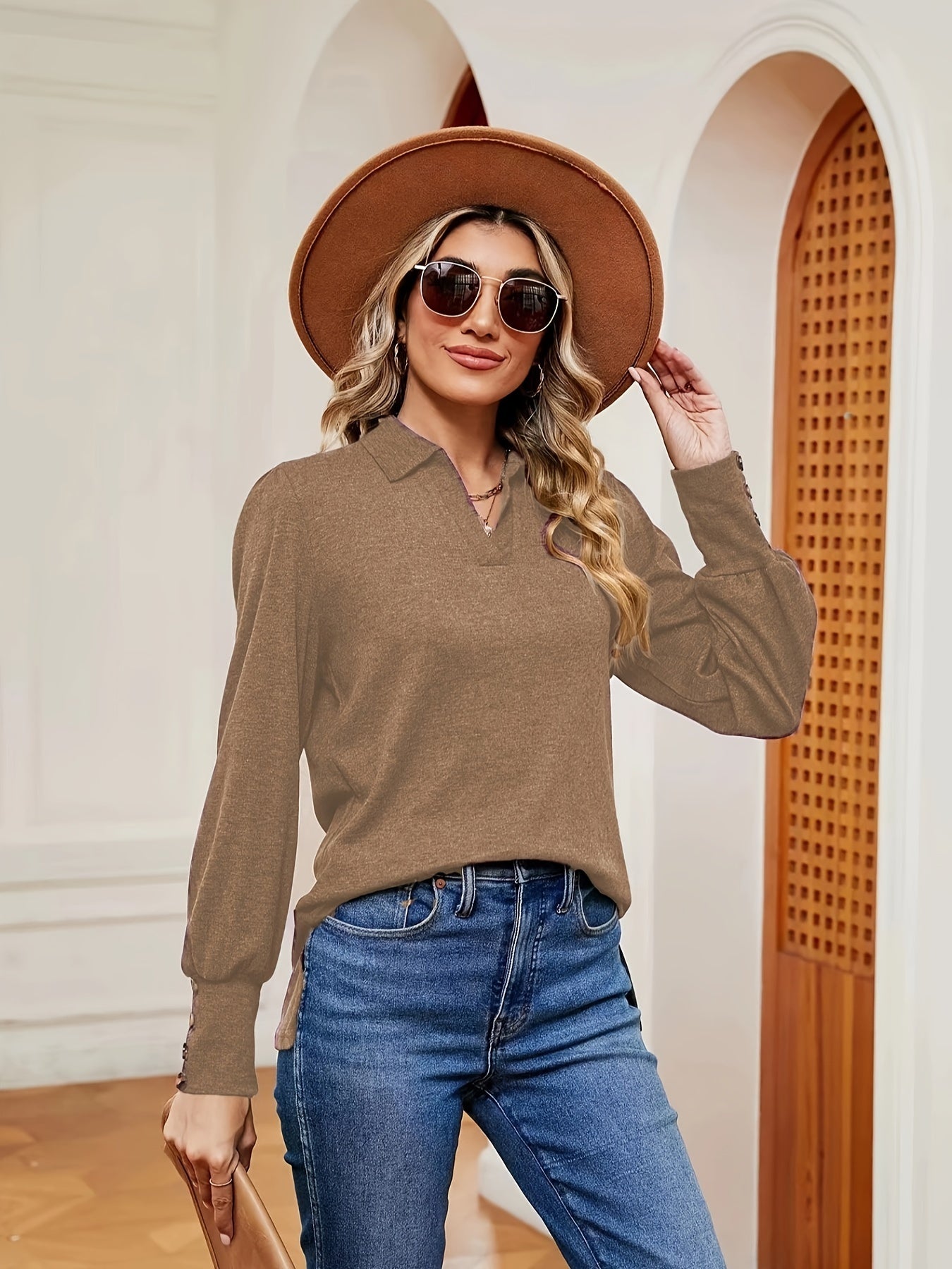 Sixsr Solid Polo Collar T-Shirt, Casual Long Sleeve Top For Spring & Fall, Women's Clothing