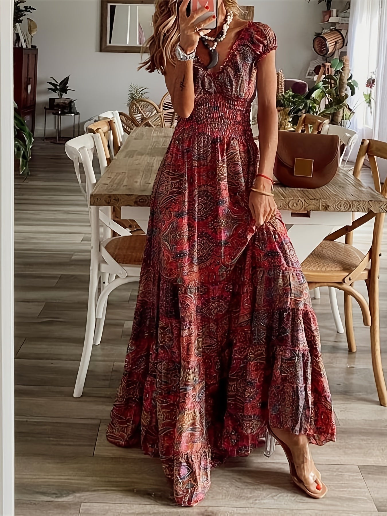 Sixsr Floral Print Ruffle Neck Long Dress, Boho Short Sleeve Waist Summer Large Swing Dresses, Women's Clothing