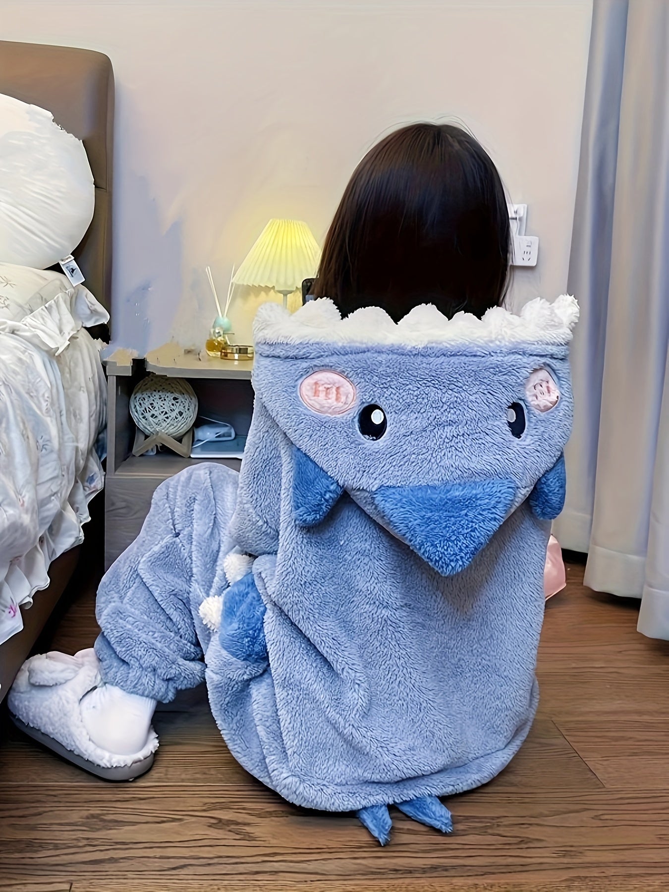 Sixsr Cartoon Shark Hooded Jumpsuit, Long Sleeve Zipper Fuzzy Pajamas, Women's Sleepwear & Loungewear