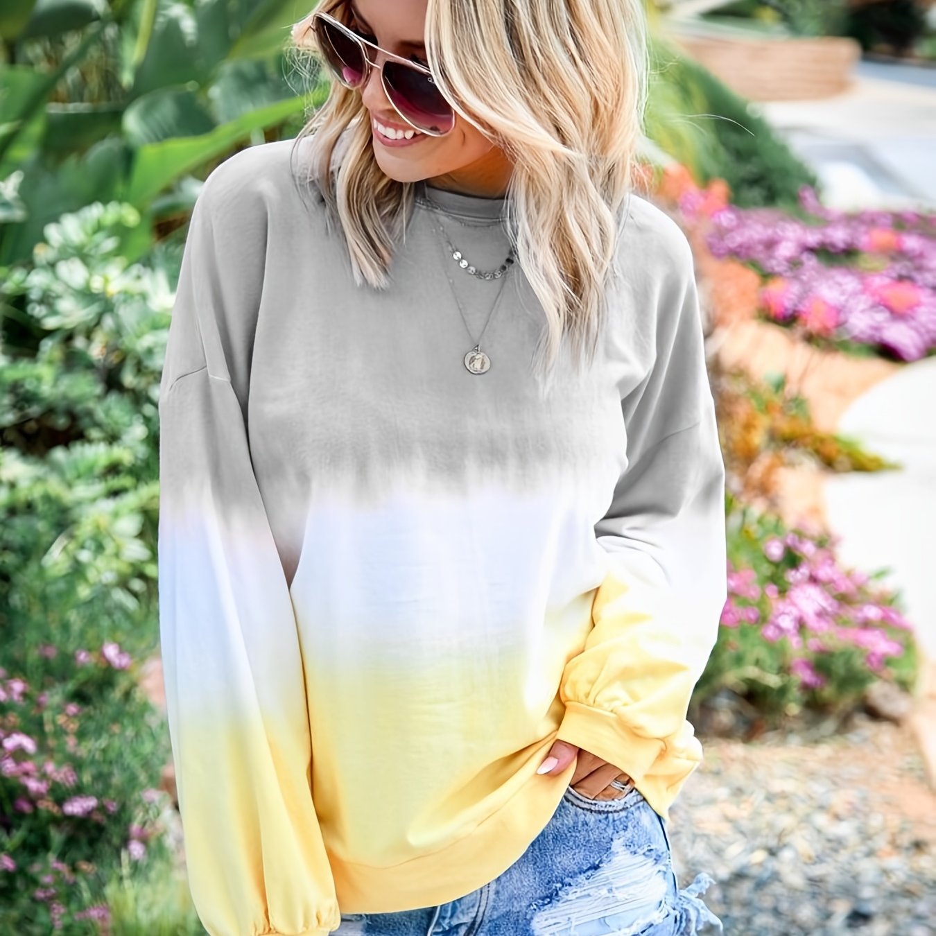 Sixsr Striped Tie Dye Pullover Sweatshirt, Casual Crew Neck Long Sleeve Sweaters, Women's Clothing