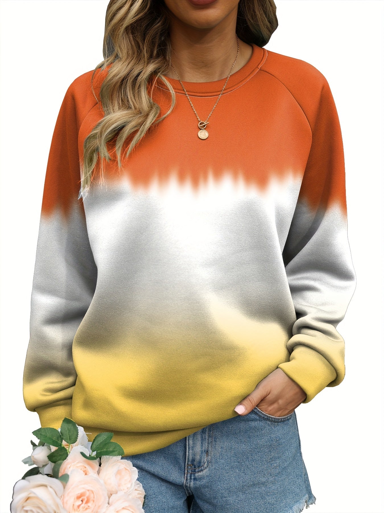 Sixsr Plus Size Casual Sweatshirt, Women's Plus Colorblock Ombre Print Long Sleeve Round Neck Slight Stretch Pullover Sweatshirt
