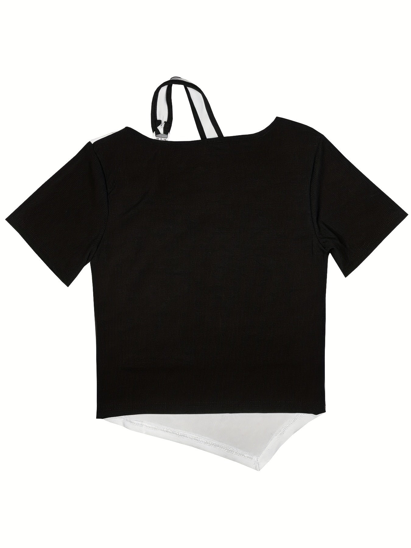 Sixsr Asymmetrical Fake Two-piece T-shirt, Sexy Chain Crew Neck Short Sleeve T-shirt, Women's Clothing