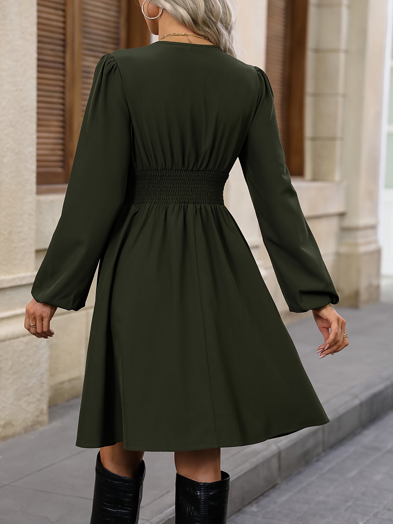 Sixsr Solid Surplice Neck Dress, Elegant Lantern Sleeve Dress, Women's Clothing