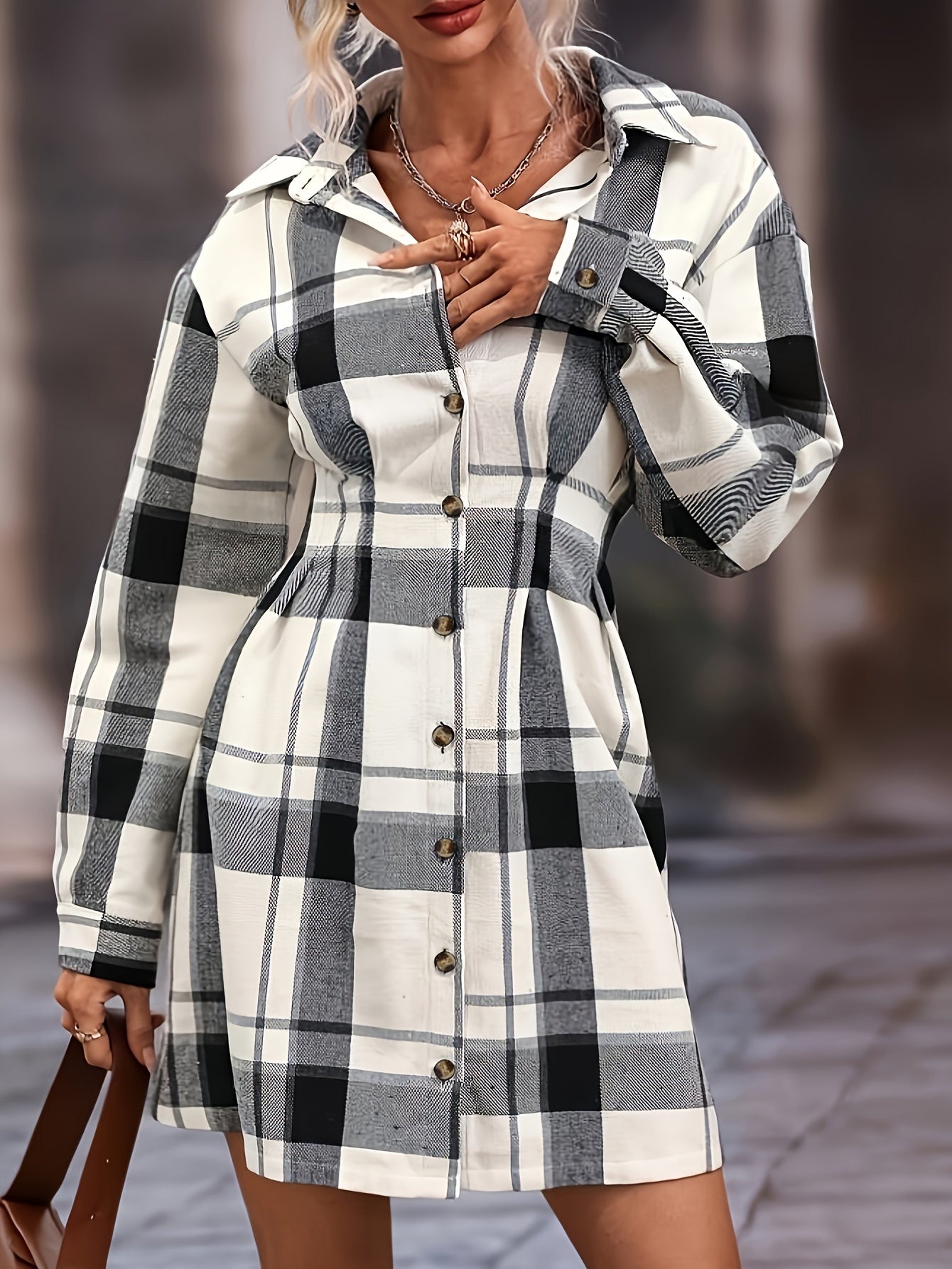 Sixsr Plaid Print Shirt Dress, Casual Button Front Long Sleeve Dress, Women's Clothing