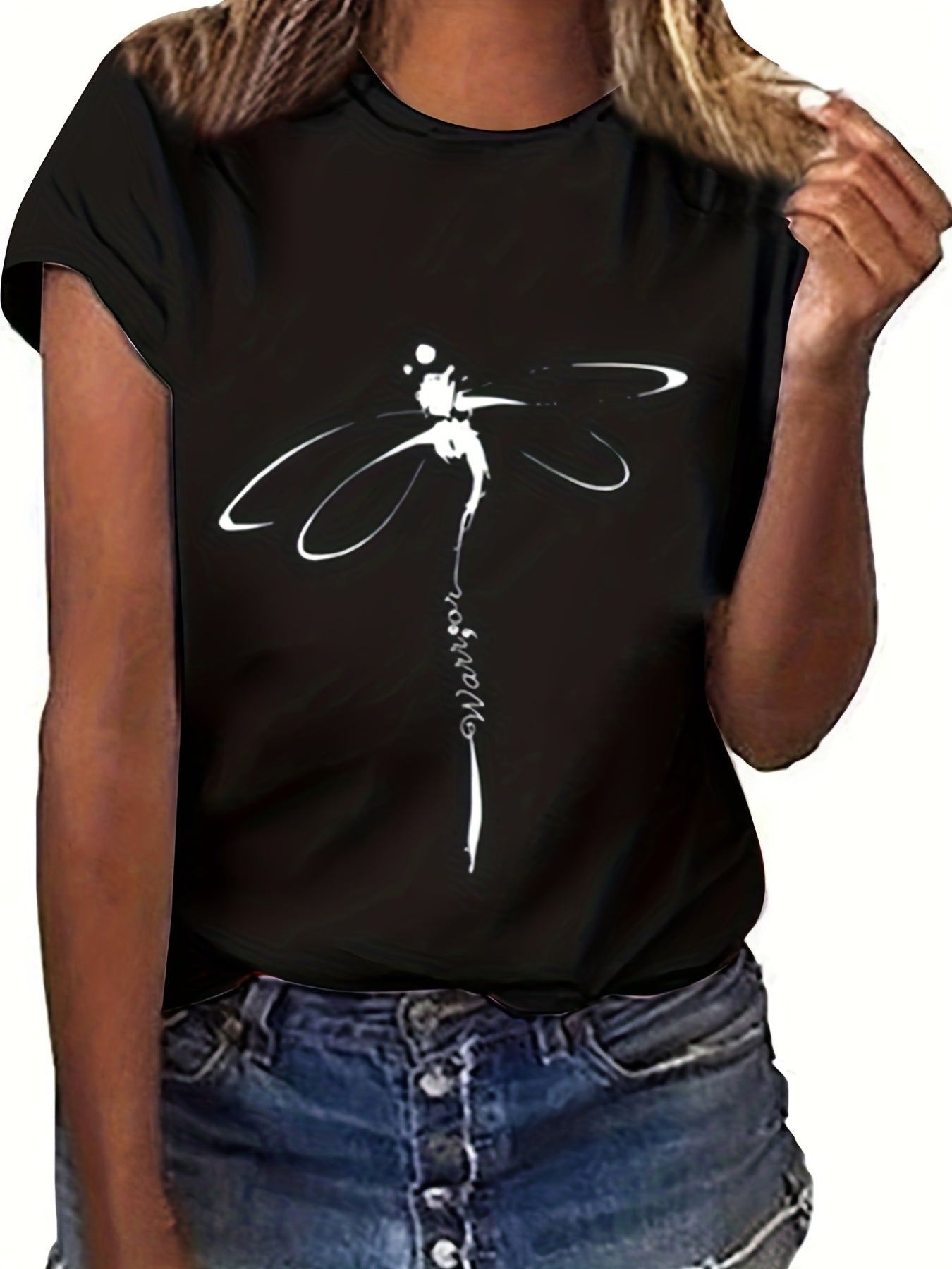 Sixsr Dragonfly Print Crew Neck T-Shirt, Casual Short Sleeve T-Shirt For Spring & Summer, Women's Clothing