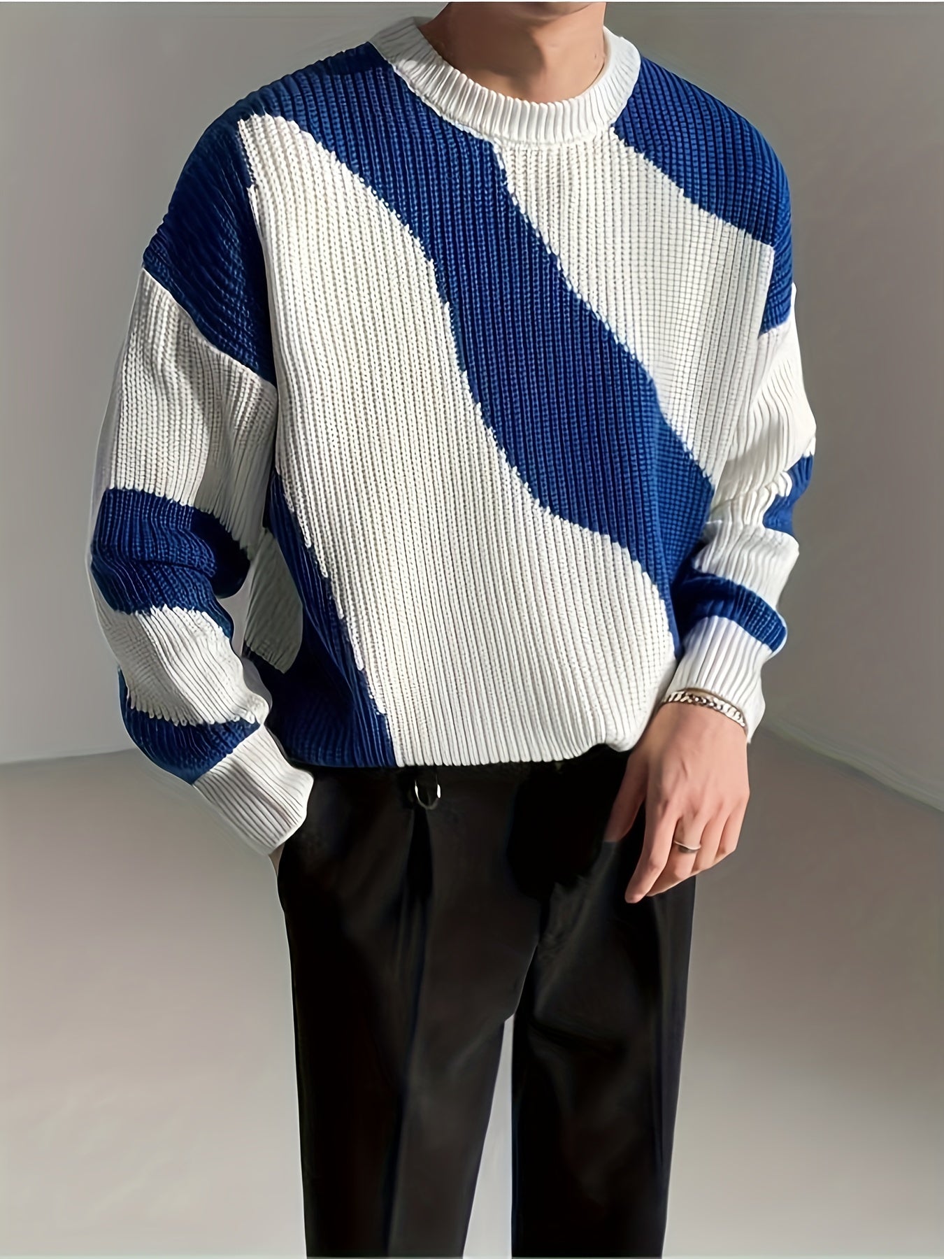 Sixsr All Match Knitted Color Block Wave Pattern Cable Sweater, Men's Casual Warm Slightly Stretch Crew Neck Pullover Sweater For Men Fall Winter