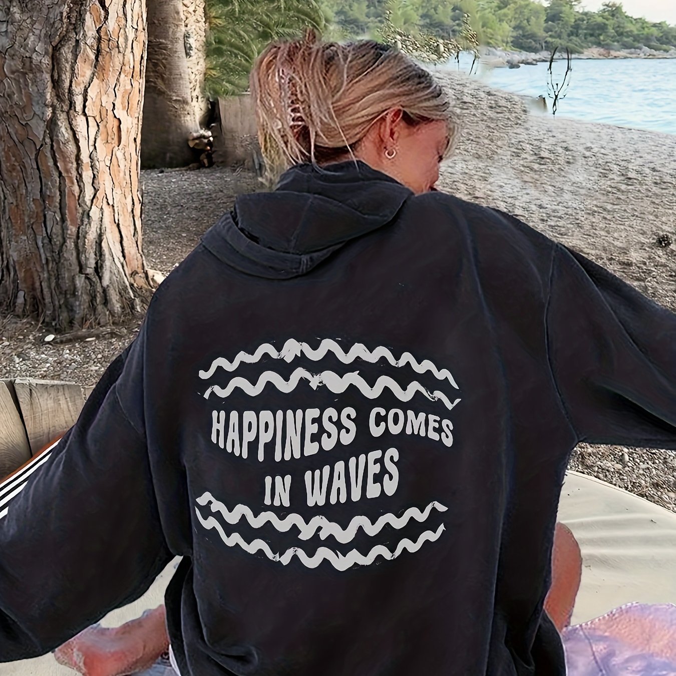Sixsr Happiness Letter Print Hoodie, Casual Long Sleeve Kangaroo Pocket Sweatshirt, Women's Clothing