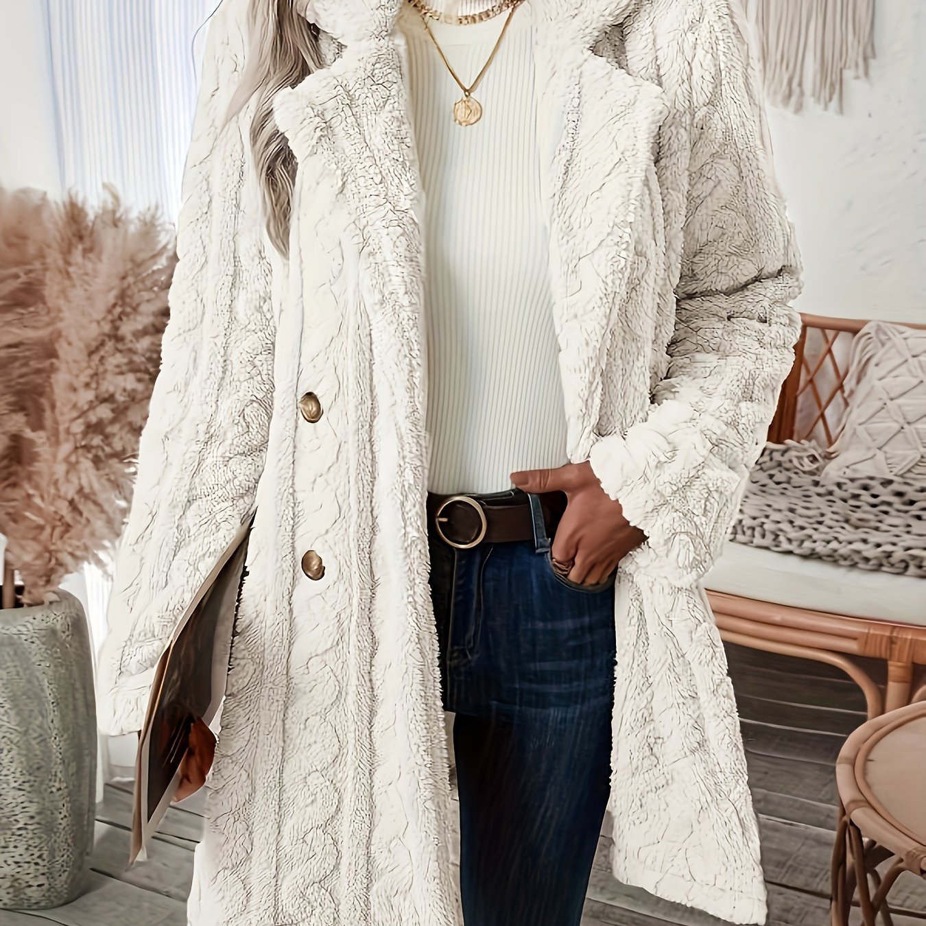 Sixsr Double-breasted Teddy Bear Coat, Casual Thermal Lapel Neck Long Sleeve Plush Jacket For Winter, Women's Clothing