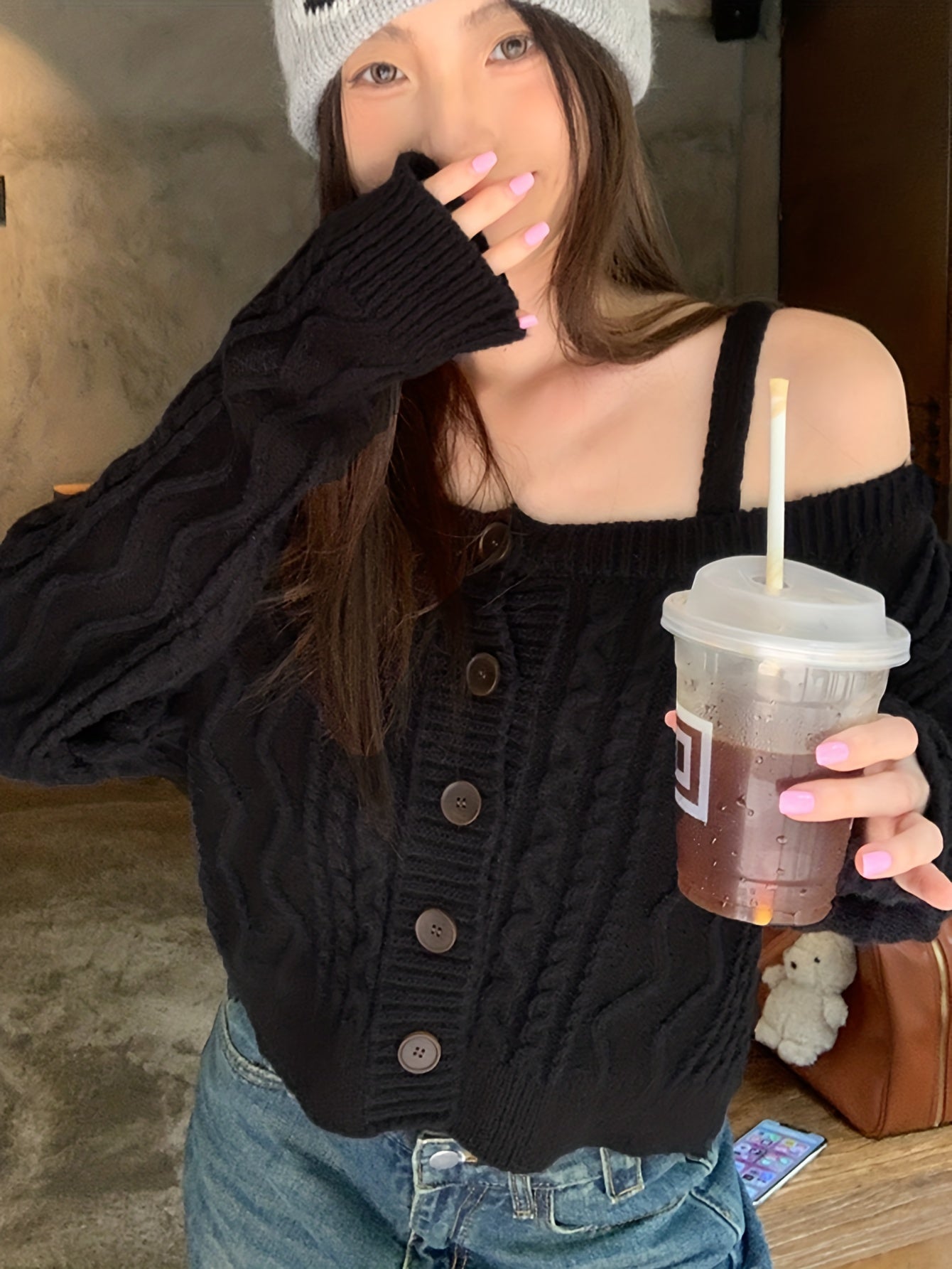 Sixsr Solid Off Shoulder Cable Knit Cardigan, Casual Button Down Fashion Sweater, Women's Clothing