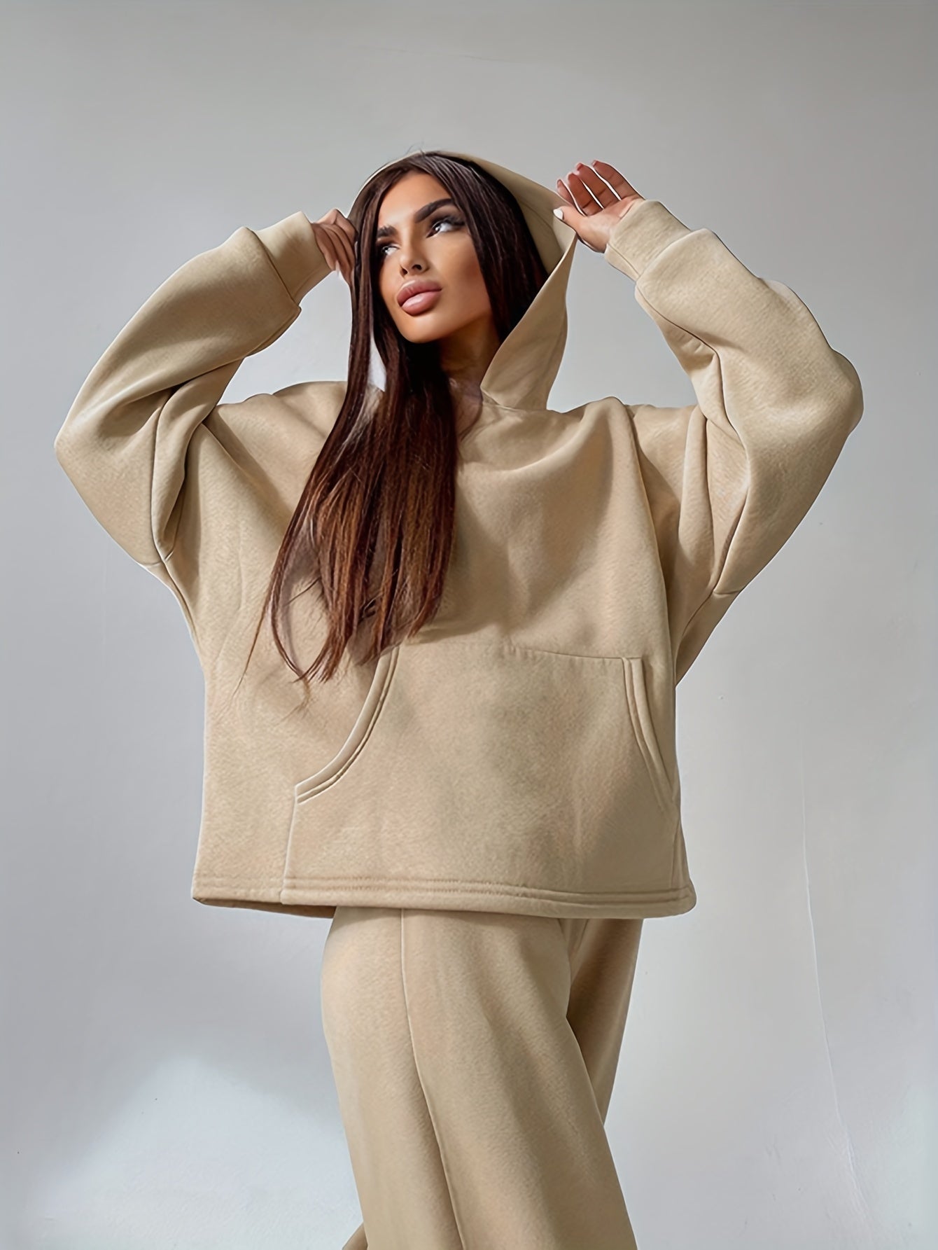 Sixsr Solid Casual Two-piece Set, Long Sleeve Loose Hoodies & Long Length Pants Outfits, Women's Clothing