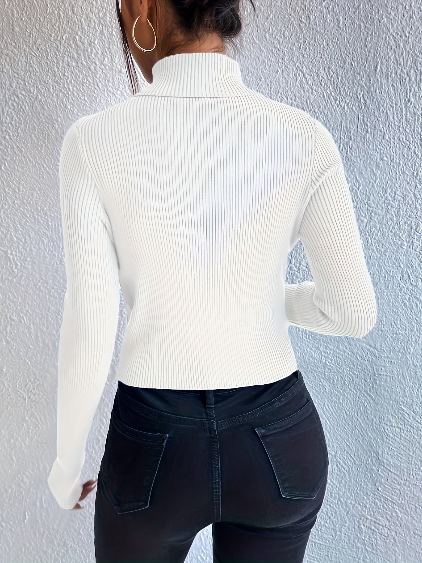 Sixsr Beaded Cut Out Turtle Neck Pullover Sweater, Elegant Long Sleeve Slim Rib Knit Sweater, Women's Clothing