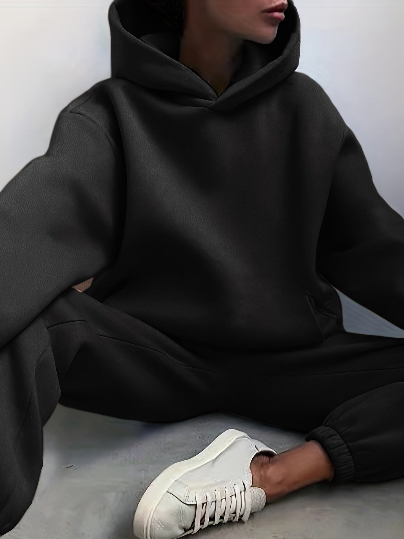 Sixsr Casual Solid Two-piece Set, Drop Shoulder Long Sleeve Hoodies & Elastic Waist Jogger Pants Outfits, Women's Clothing