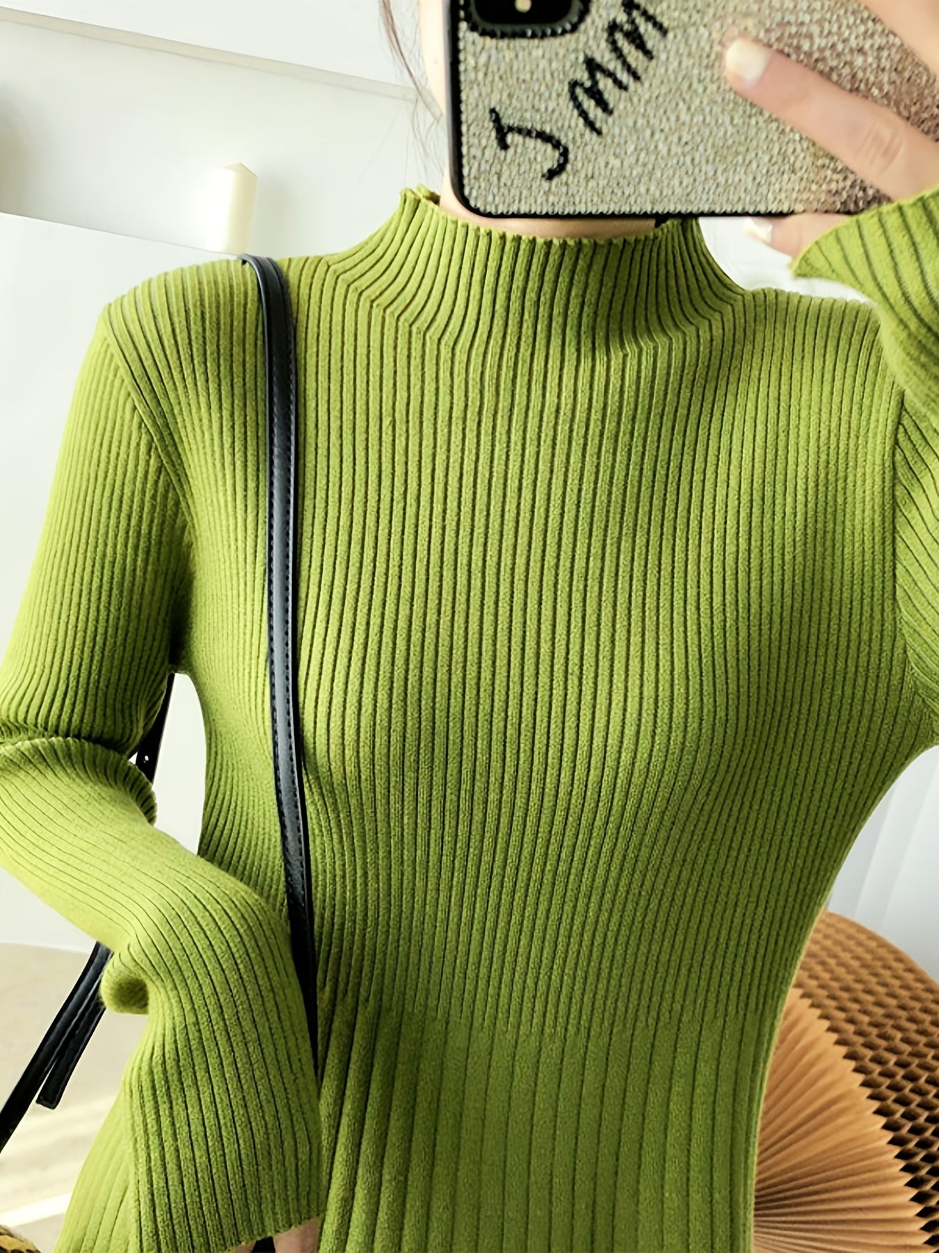 Sixsr Solid Ribbed Midi Dress, Elegant Mock Neck Long Sleeve Dress, Women's Clothing