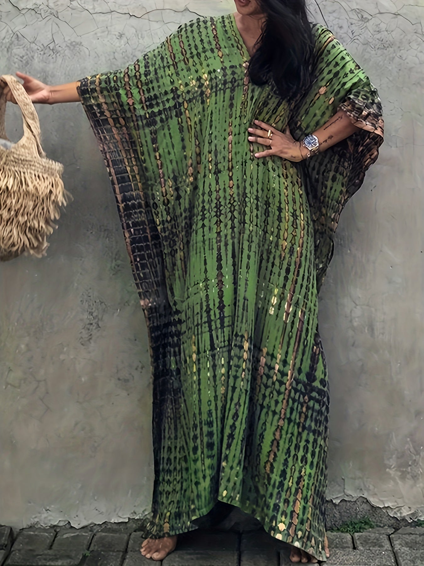 Sixsr V Neck Oversized Kaftan Dress, Bohemian Loose Beach Vacation Dress, Women's Clothing