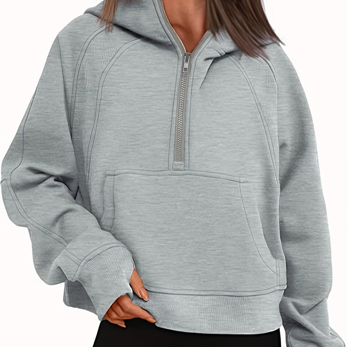 Sixsr Plus Size Casual Sweatshirt, Women's Plus Heathered Zip Up Long Sleeve Crop Hoodie Sweatshirt With Pockets & Thumb Hole