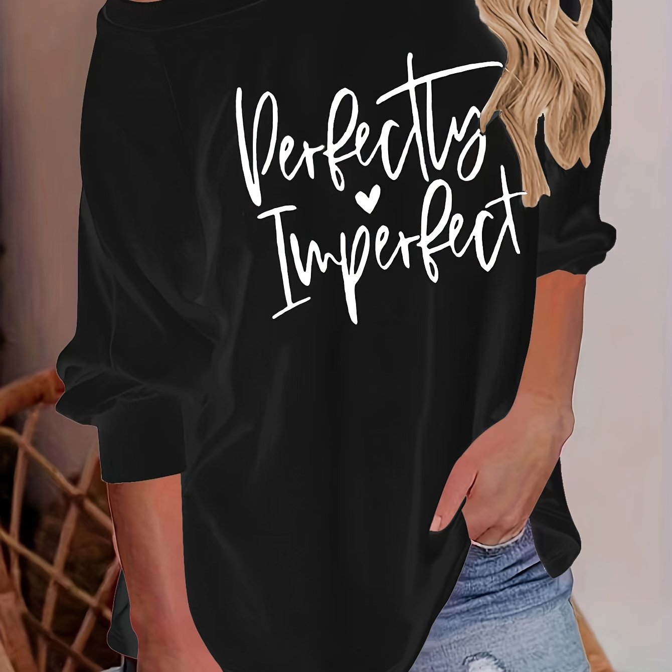 Sixsr Letter Print Raglan Long Sleeve T-Shirt, Casual Crew Neck T-Shirt For Spring & Fall, Women's Clothing
