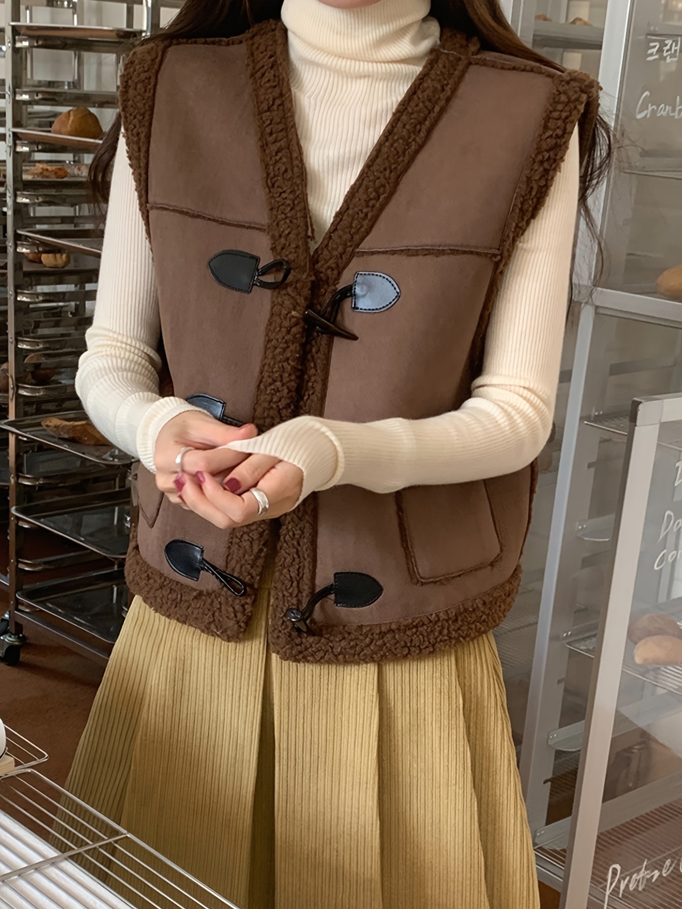 Sixsr Faux Fur Trim Duffle Vest, Casual Thermal Sleeveless Pocket Vest For Fall & Winter, Women's Clothing