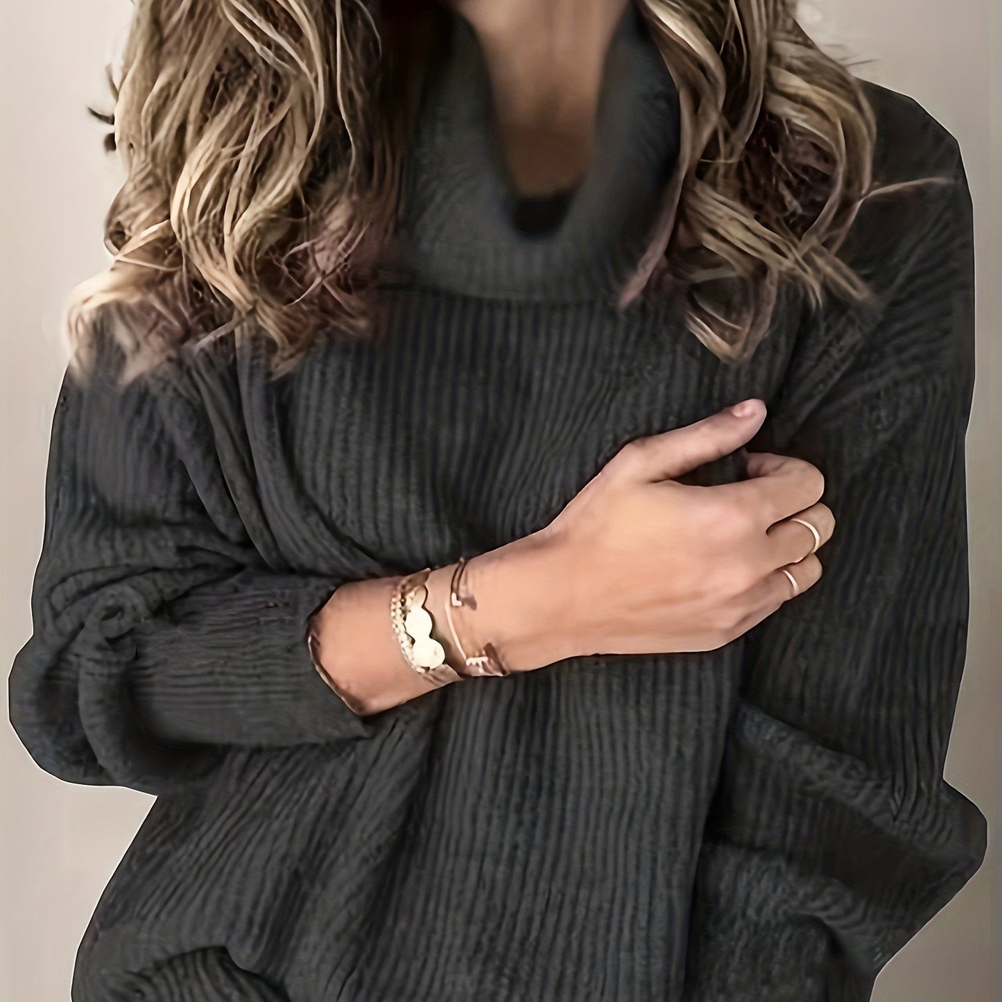 Sixsr Plus Size Casual Sweater, Women's Plus Solid Ribbed Turtle Neck Long Sleeve Medium Stretch Sweater