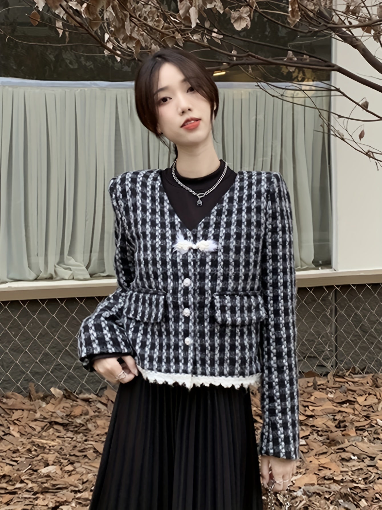 Sixsr Plaid Pattern V Neck Jacket, Casual Button Front Long Sleeve Outerwear, Women's Clothing