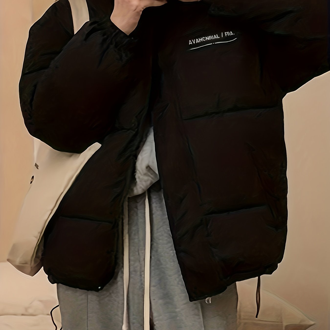 Sixsr Zip Up Letter Print Puffy Coat, Long Sleeve Slant Pockets Outwear For Winter, Women's Clothing