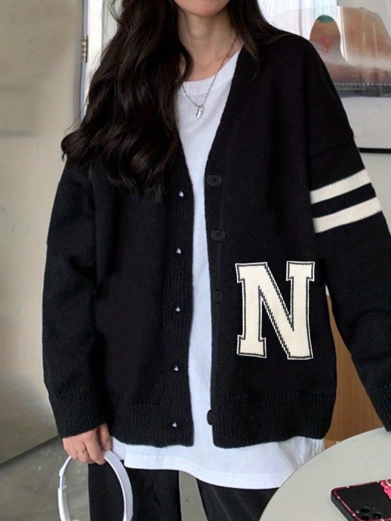 Sixsr N Print Button Up Cardigan, Casual Long Sleeve Cardigan For Fall & Winter, Women's Clothing