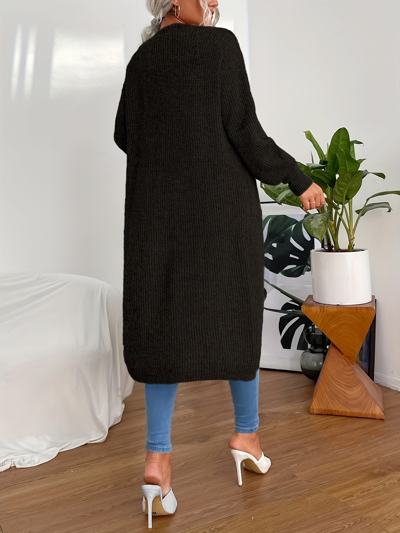 Sixsr Solid Open Front Pocket Cardigan, Casual Long Sleeve Long Length Cardigan For Fall & Winter, Women's Clothing